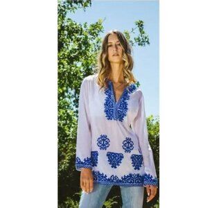 NWT MICHAEL Michael Kors Blue and White Cotton Embroidered Cover-Up Tunic in XXS